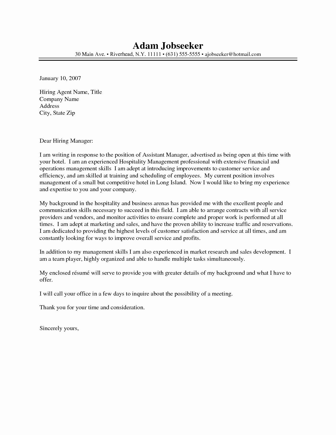 application letter for hospitality management position