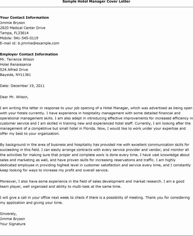 Cover Letter for Hotel Manager Examples