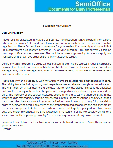 Cover Letter for Mba Freshers Job Application