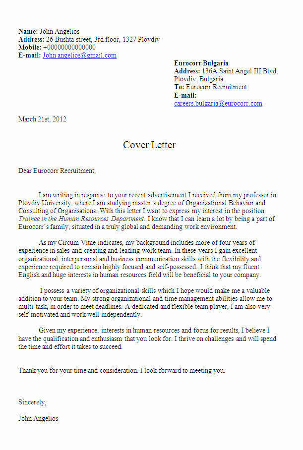 Cover Letter Sample for Human Resources Job