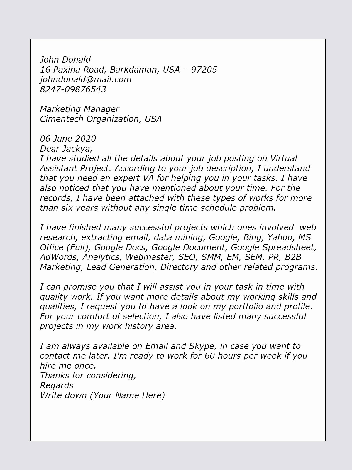 Virtual assistant Cover Letter | Latter Example Template