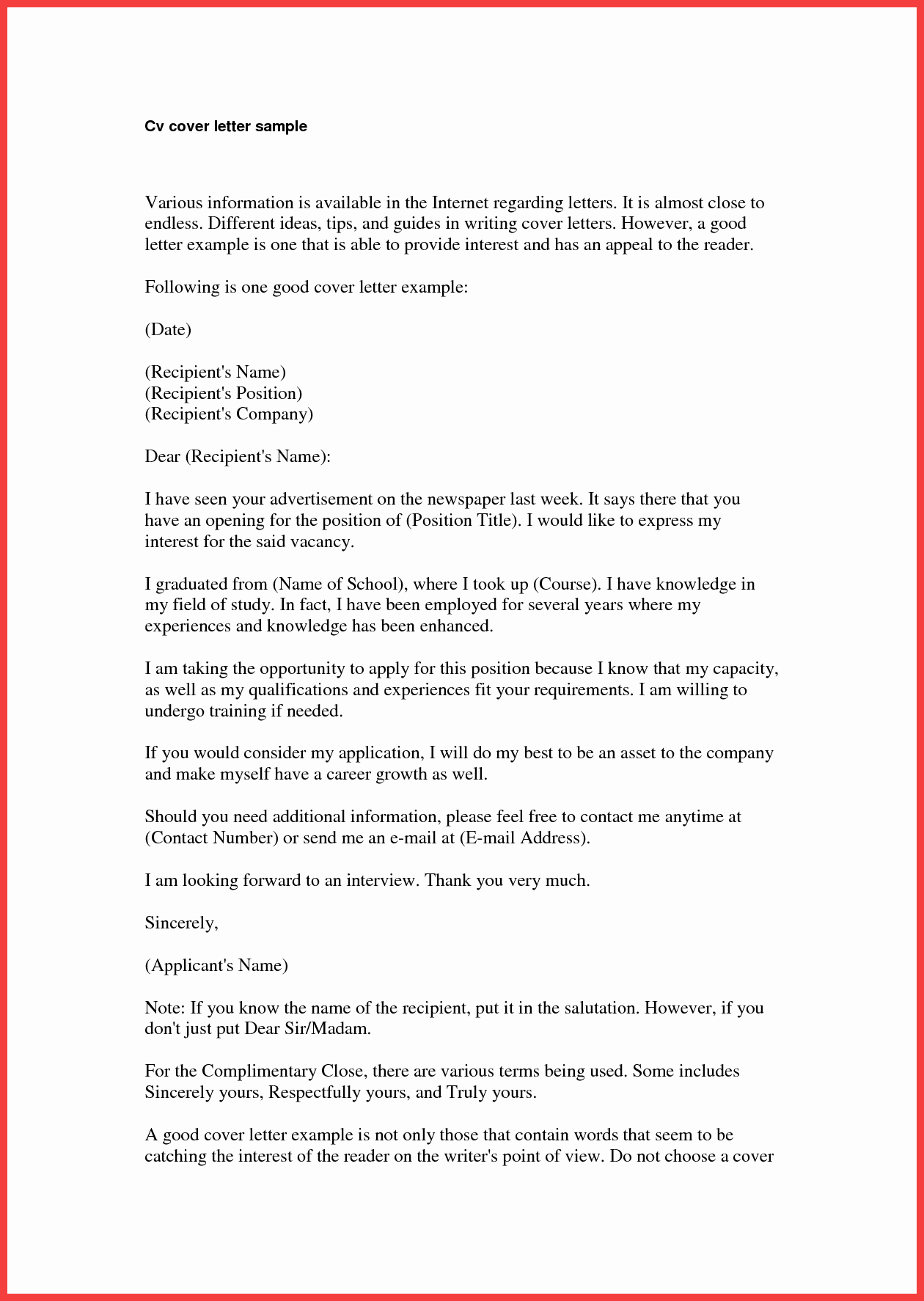 Cover Letter Template Email