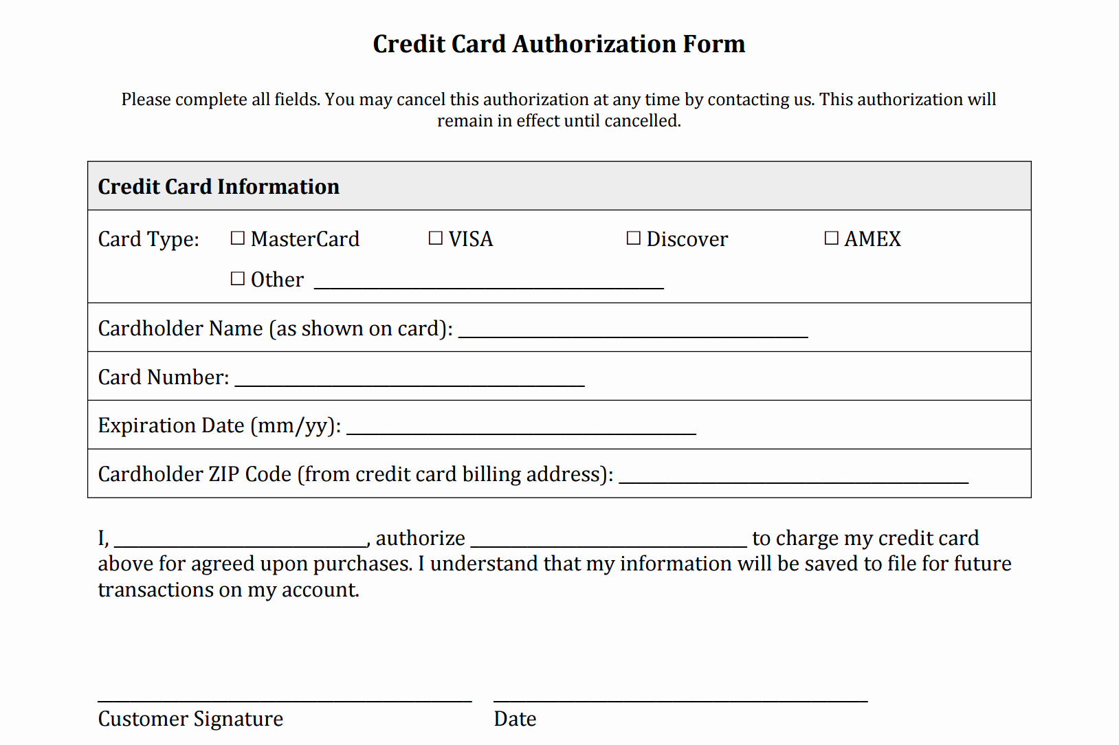 Credit Card Authorization form Templates [download]