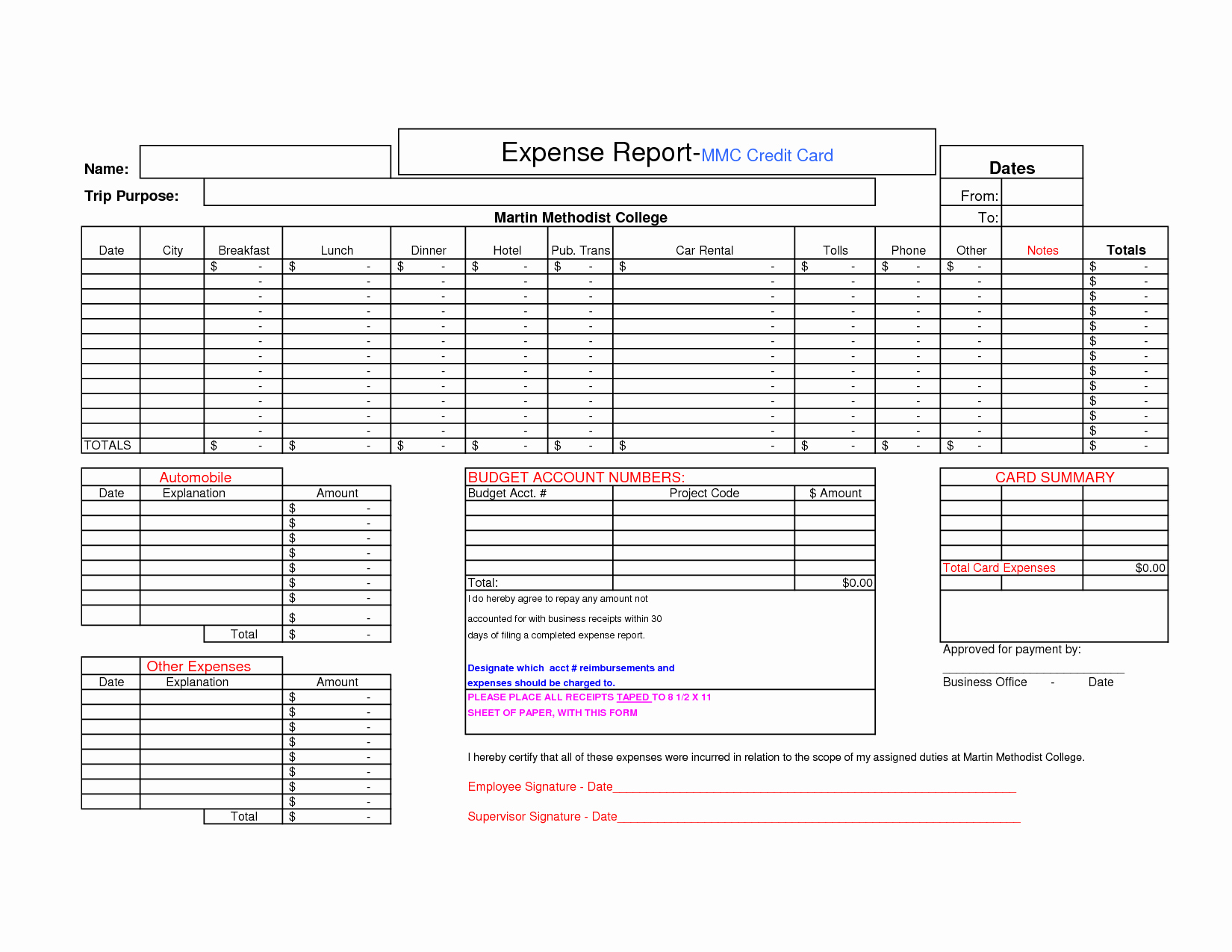 Credit Card Expense Report Template Expense Spreadsheet