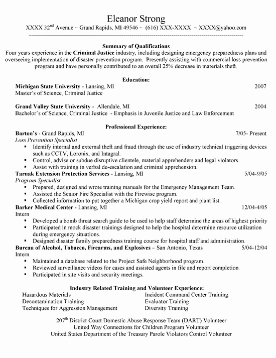 criminal justice resume example