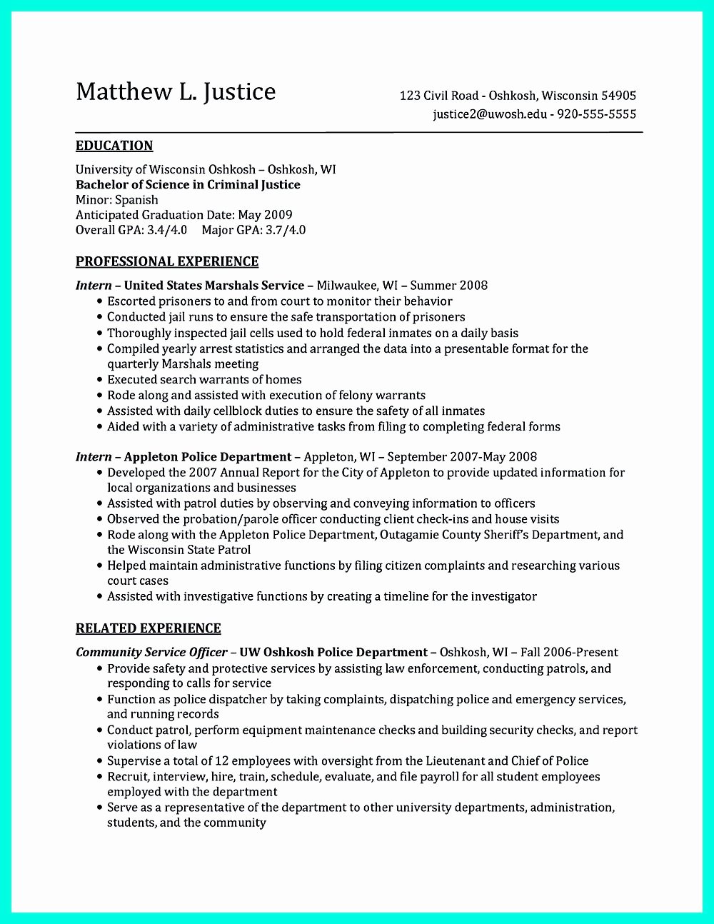 Criminal Justice Resume Uses Summary Section Of the