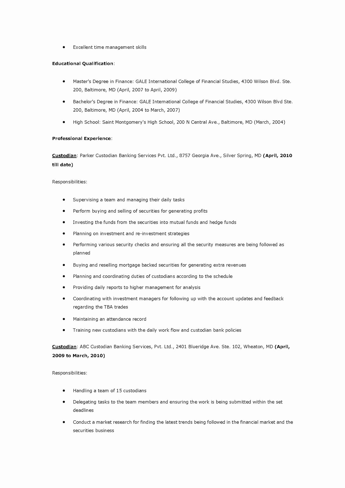 Custodian Job Description for Resume – Perfect Resume format