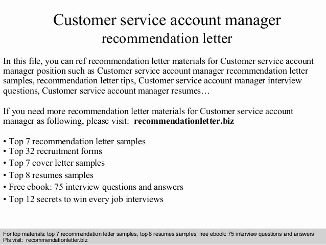 Customer Service Account Manager Re Mendation Letter