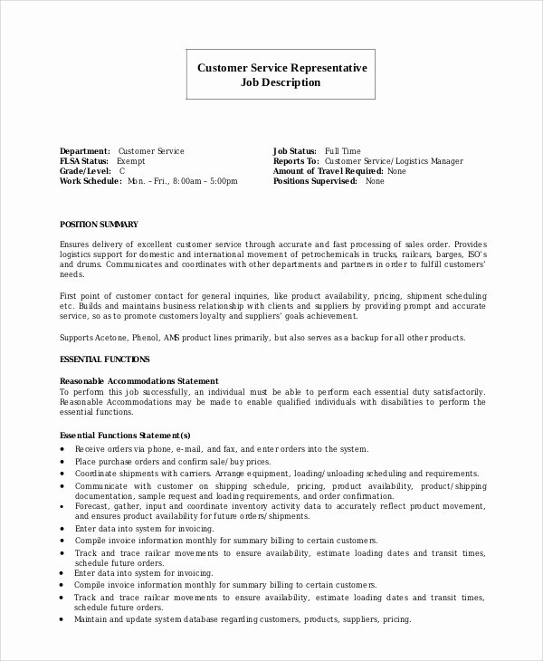 Customer Service Job Description Resume
