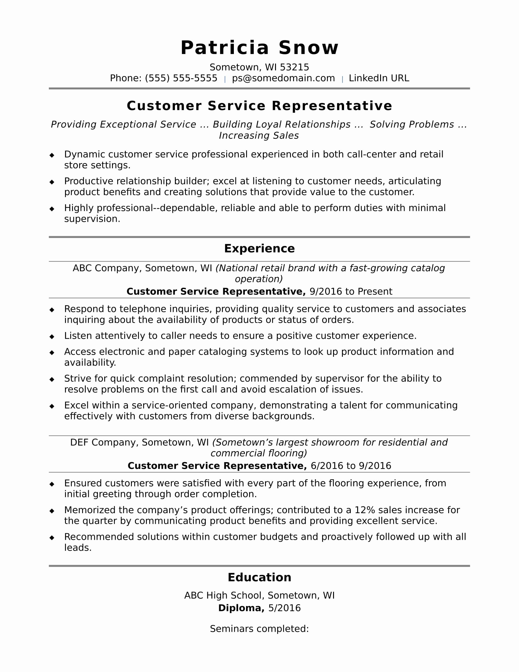 Customer Service Representative Resume Sample