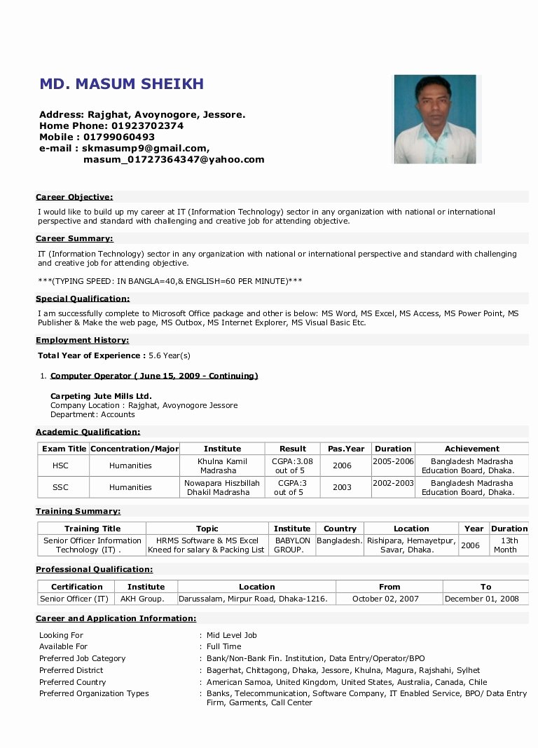 Cv format for Bank Job In Bangladesh – Perfect Resume format