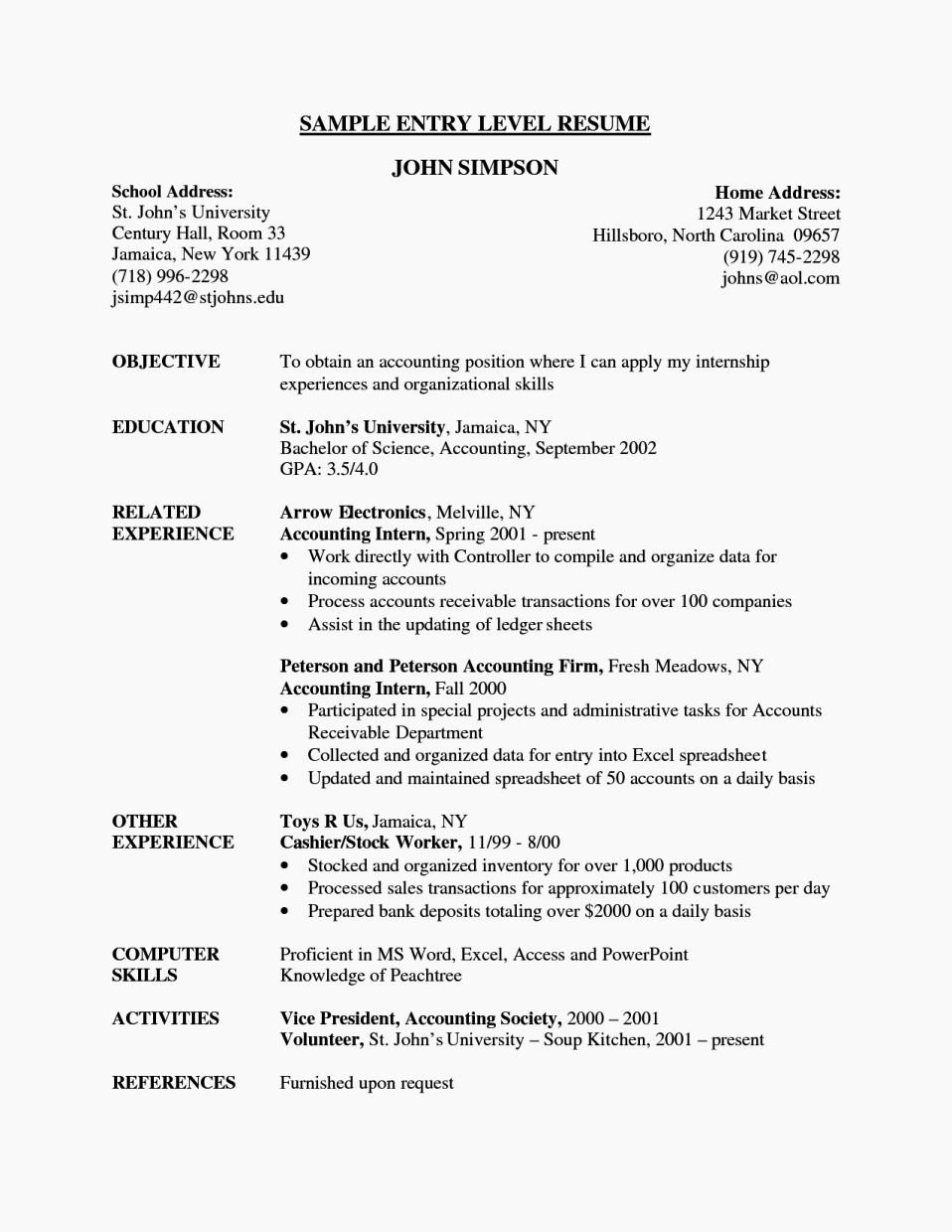 cv format for entry level job