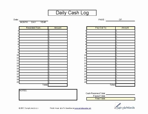 Daily Cash Log Sheet Printable Cash form for Financial