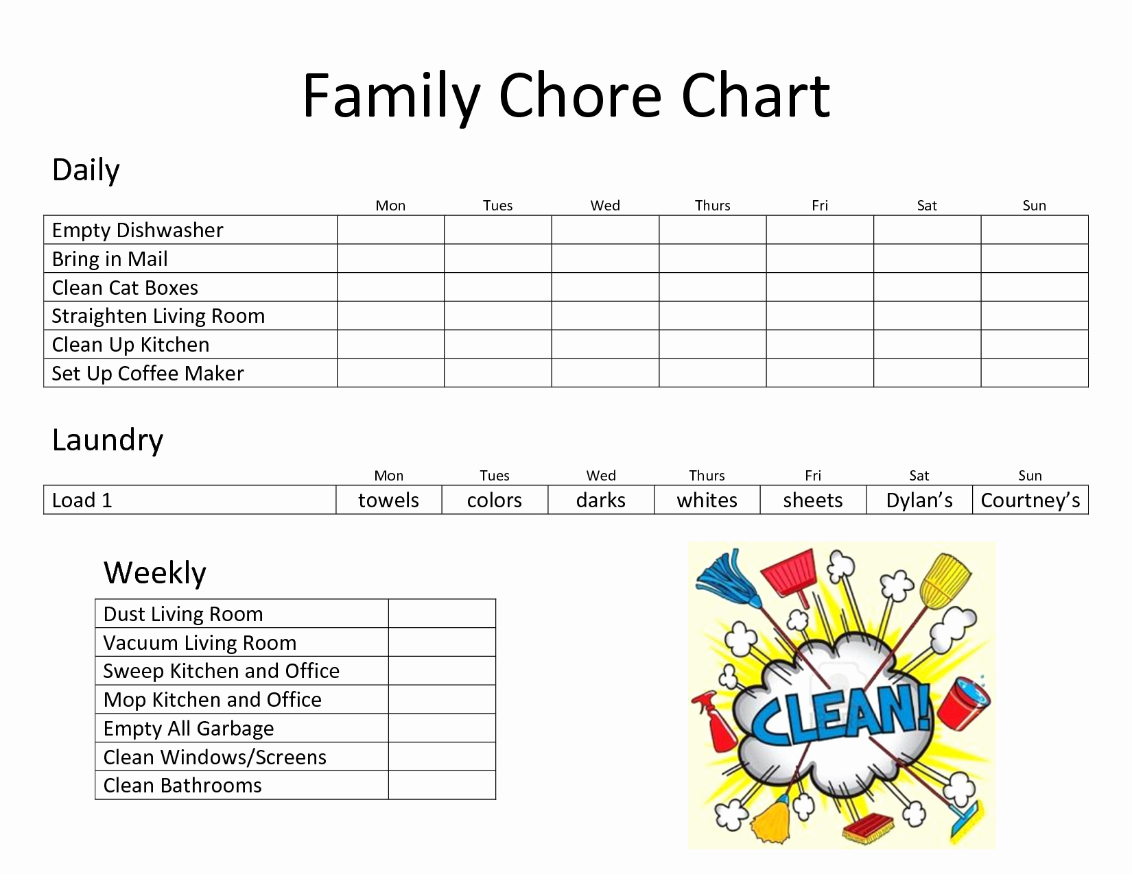 Daily Family Chore Chart Template Chore Charts