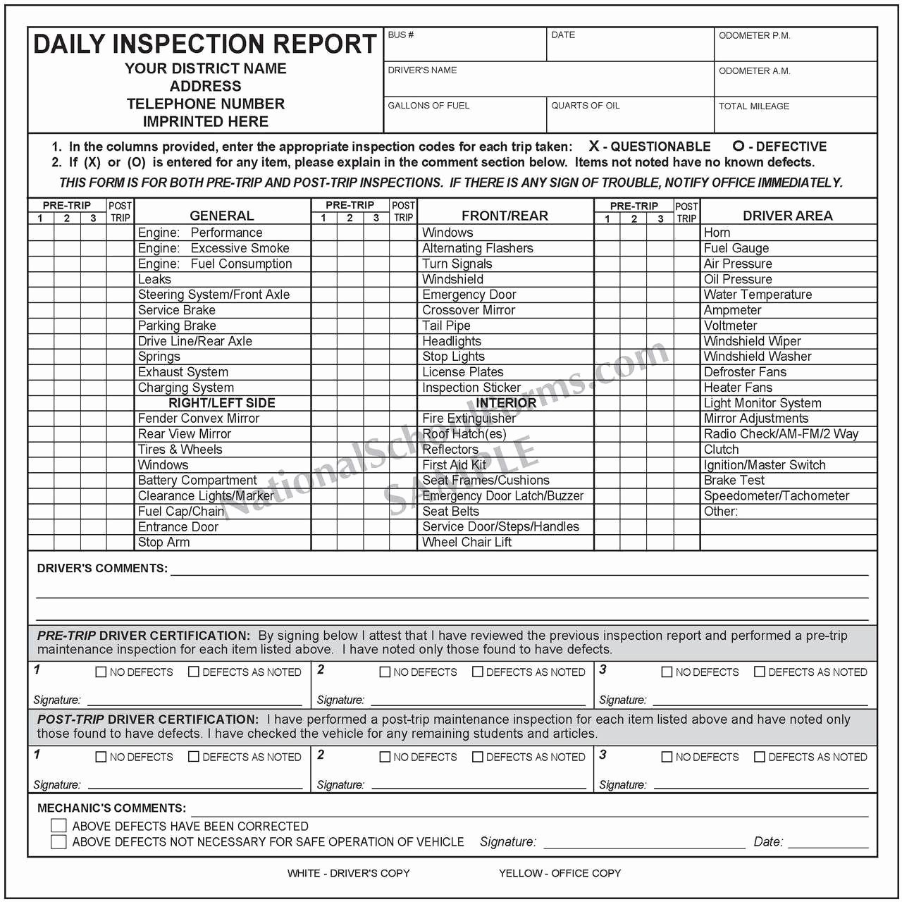 Daily Inspection Report with Pre and Post Trip