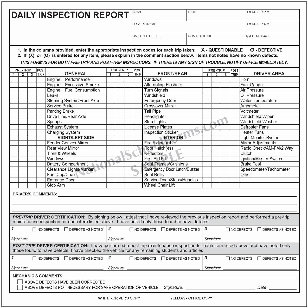 Daily Inspection Report with Pre and Post Trip