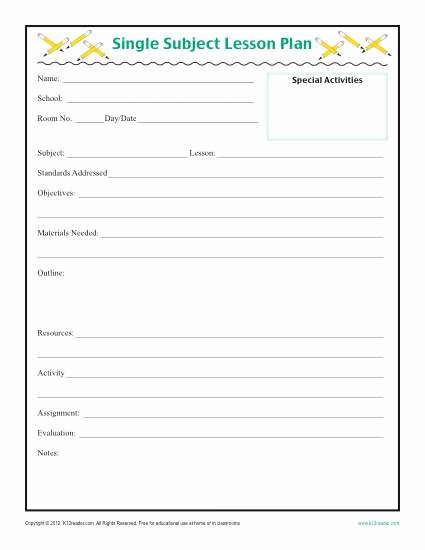 Daily Single Subject Lesson Plan Template Elementary