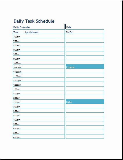 Daily Task Schedule format Template