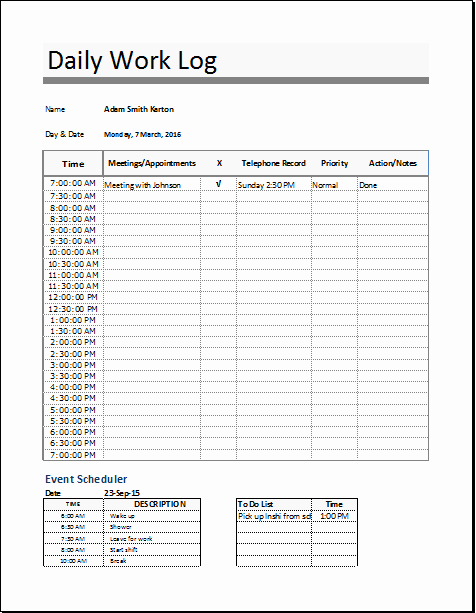 Daily Work Log Template for Ms Excel &amp; Open Fice