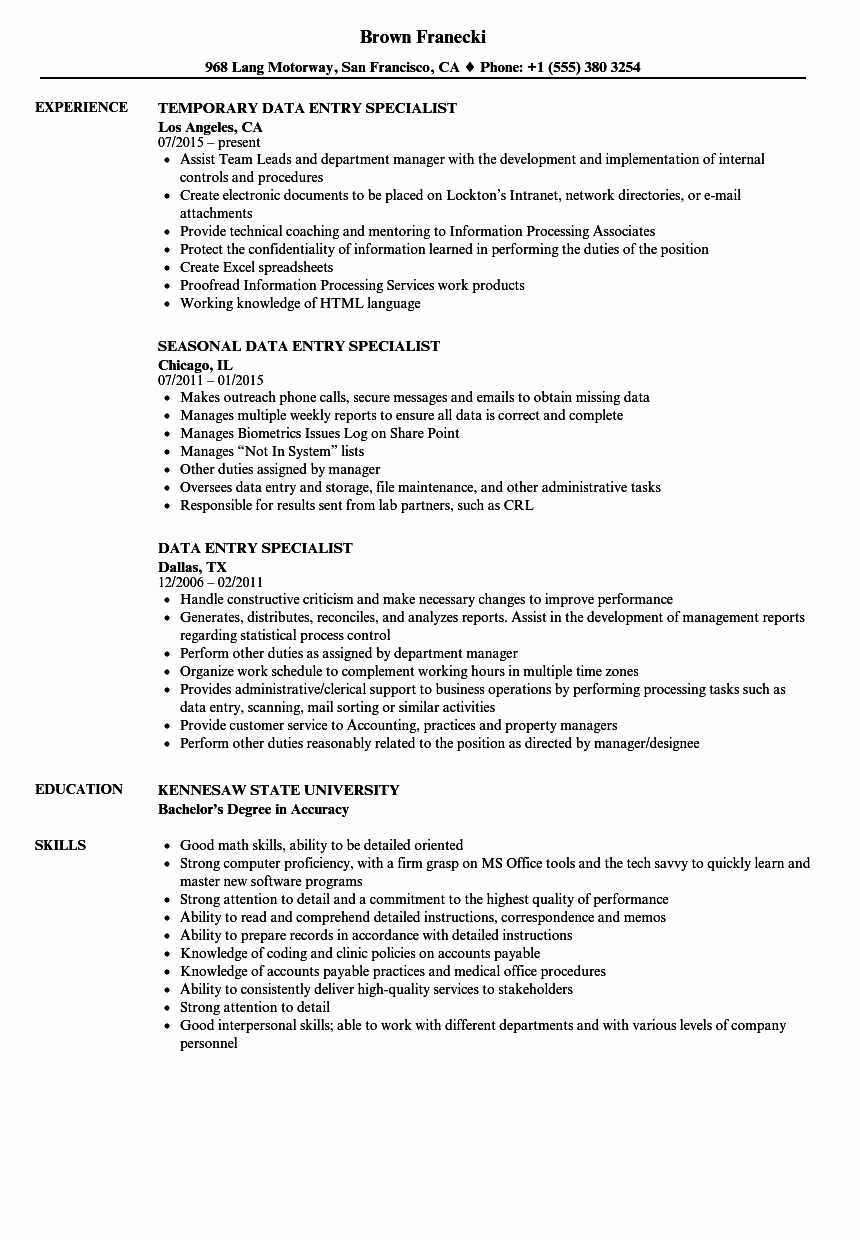 Data Entry Specialist Resume Samples