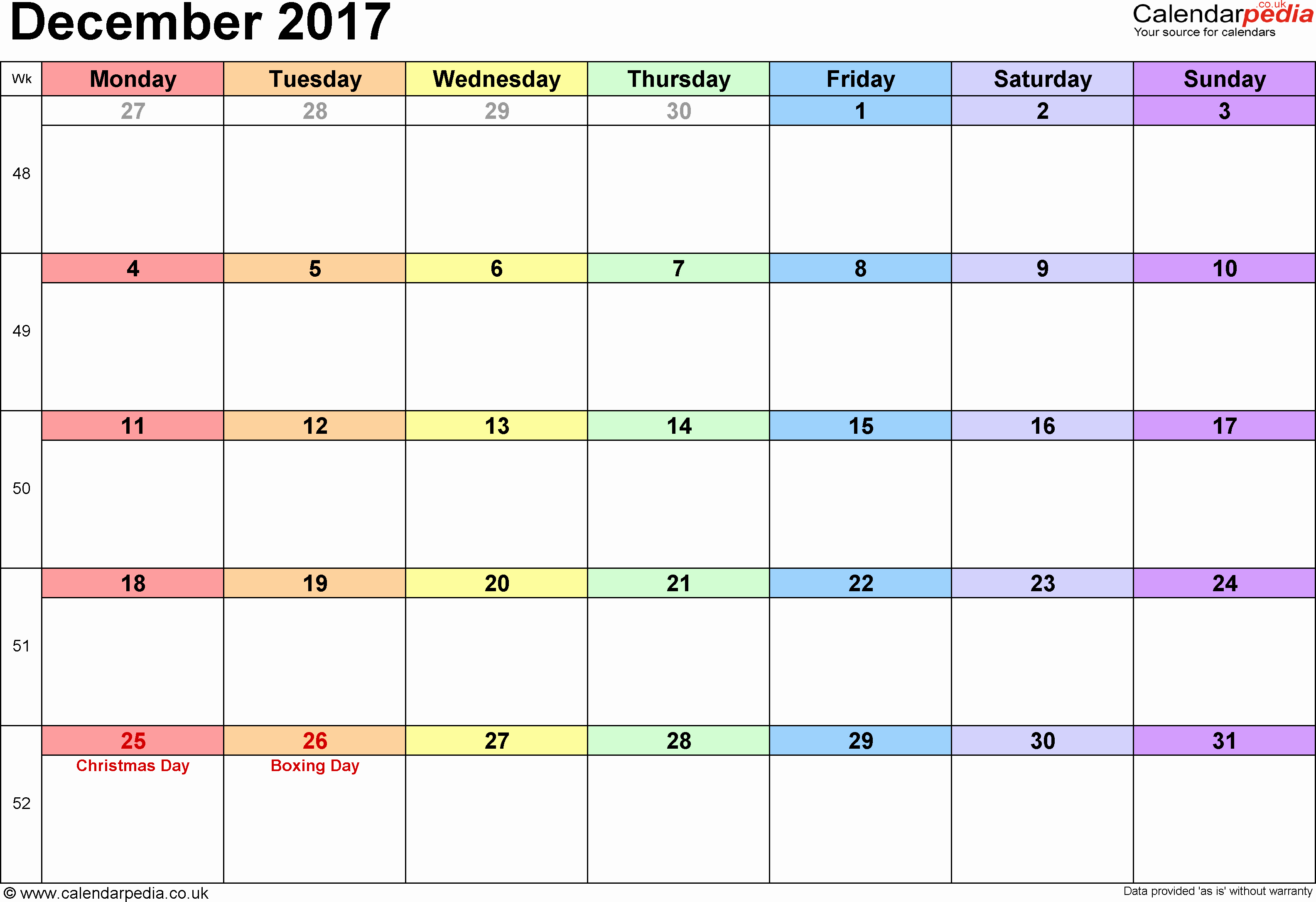 December 2017 Calendar Excel