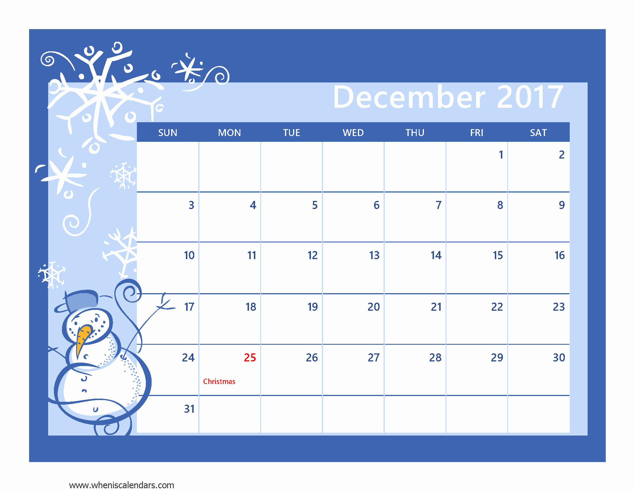 December 2017 Calendar Template