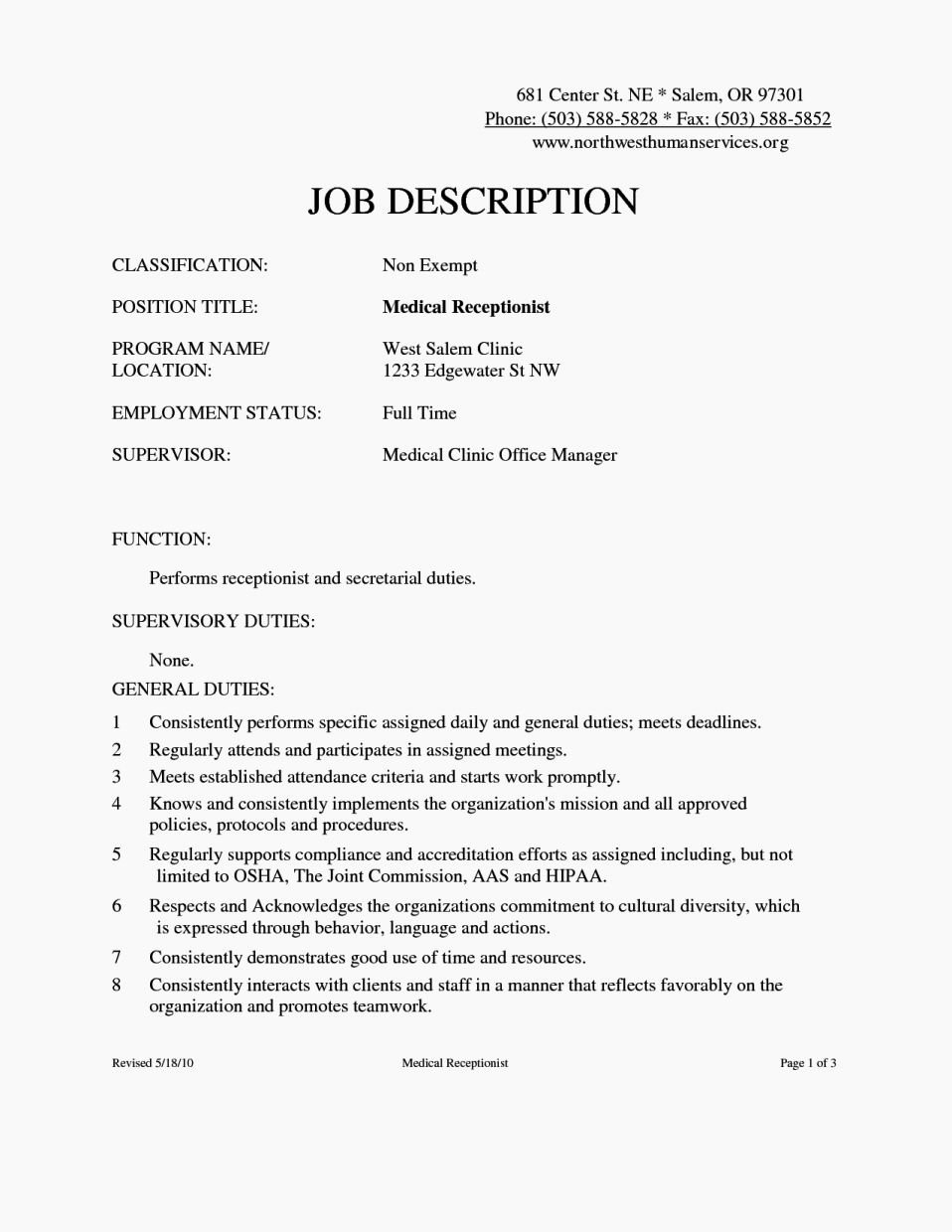 Dental assistant Receptionist Job Descriptions Resume