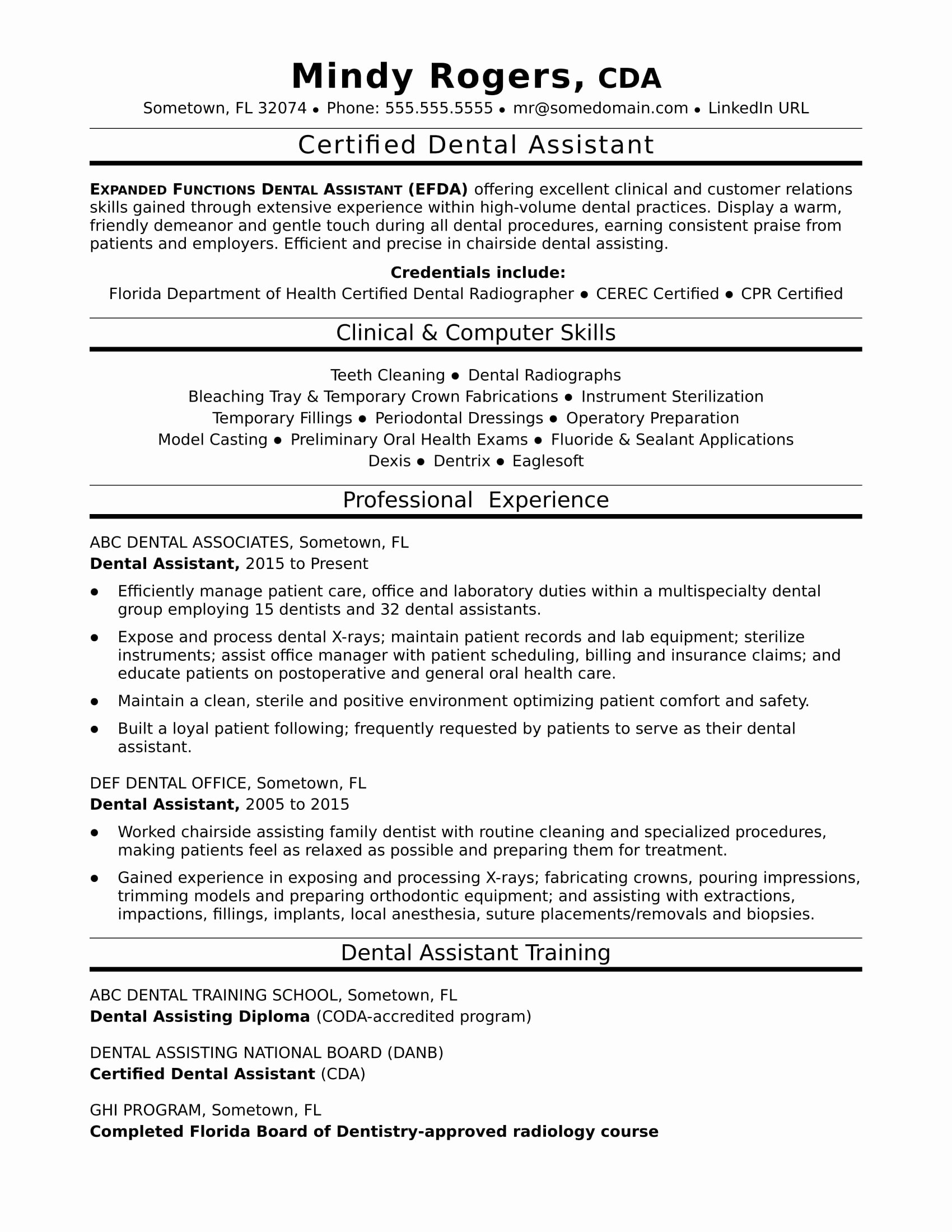 sample resume dental assistant