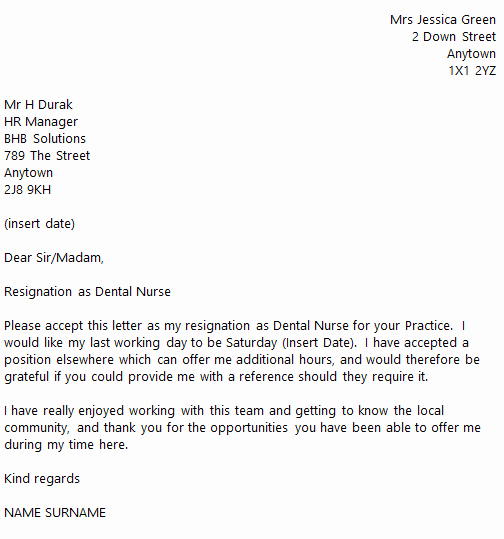 Dental Nurse Resignation Letter Example toresign