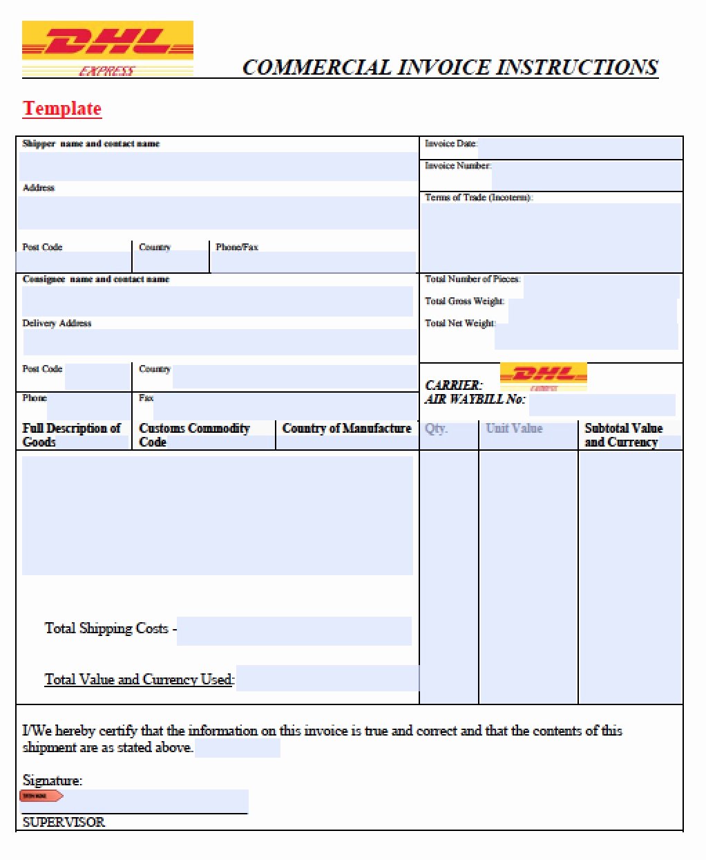 Dhl Mercial Invoice Template
