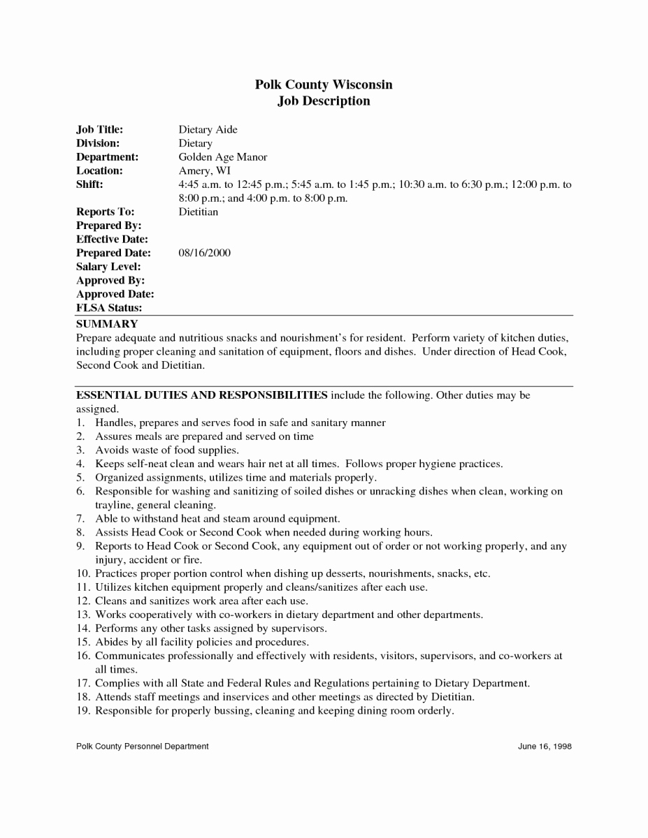 Dietary Aide Job Description for Resume