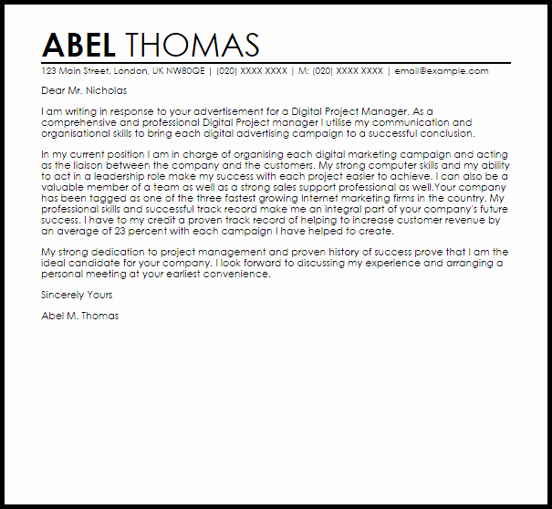 Digital Project Manager Cover Letter Sample