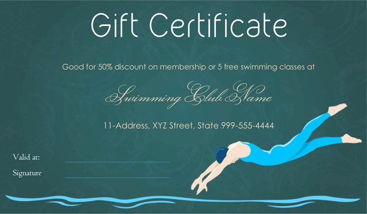 Dive In Swimming Club Gift Certificate Template
