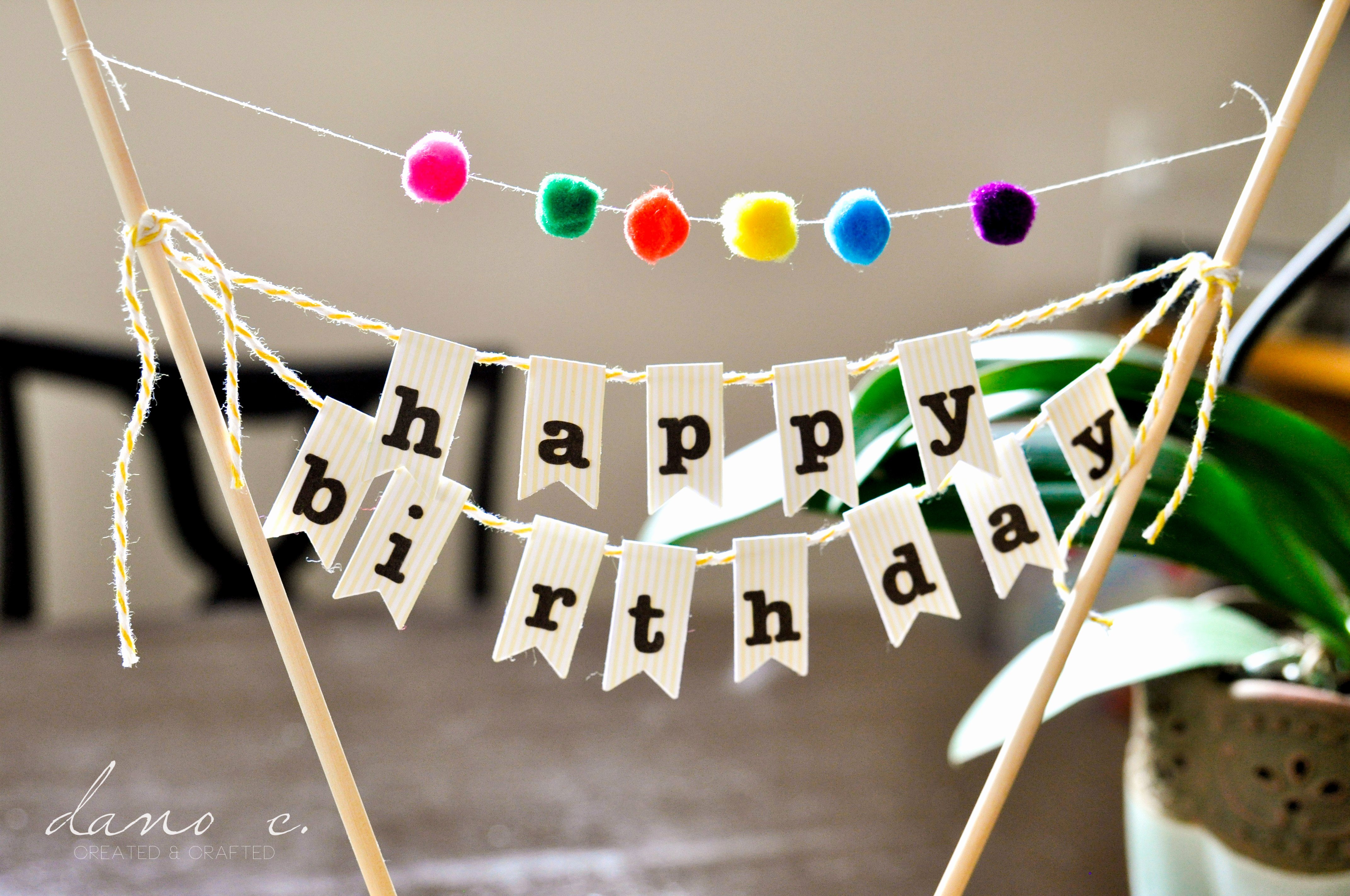 diy birthday cake banner with pom poms