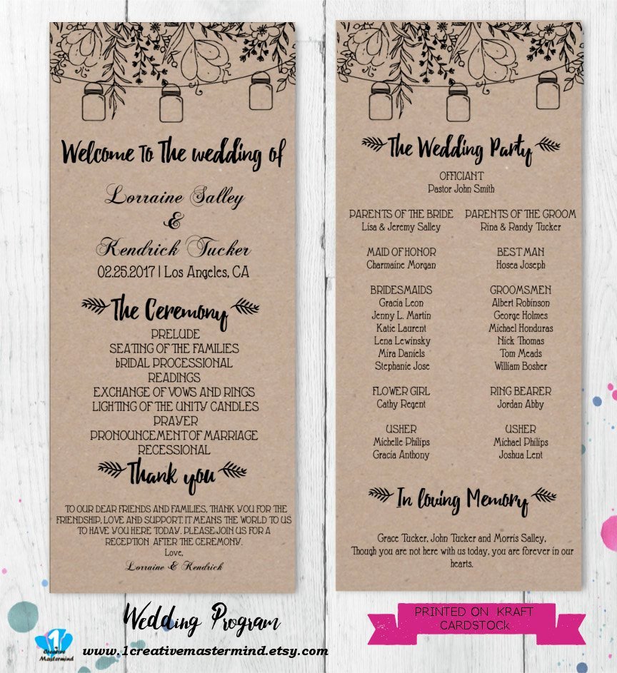 Diy Rustic Wedding Program Template Printable Editable