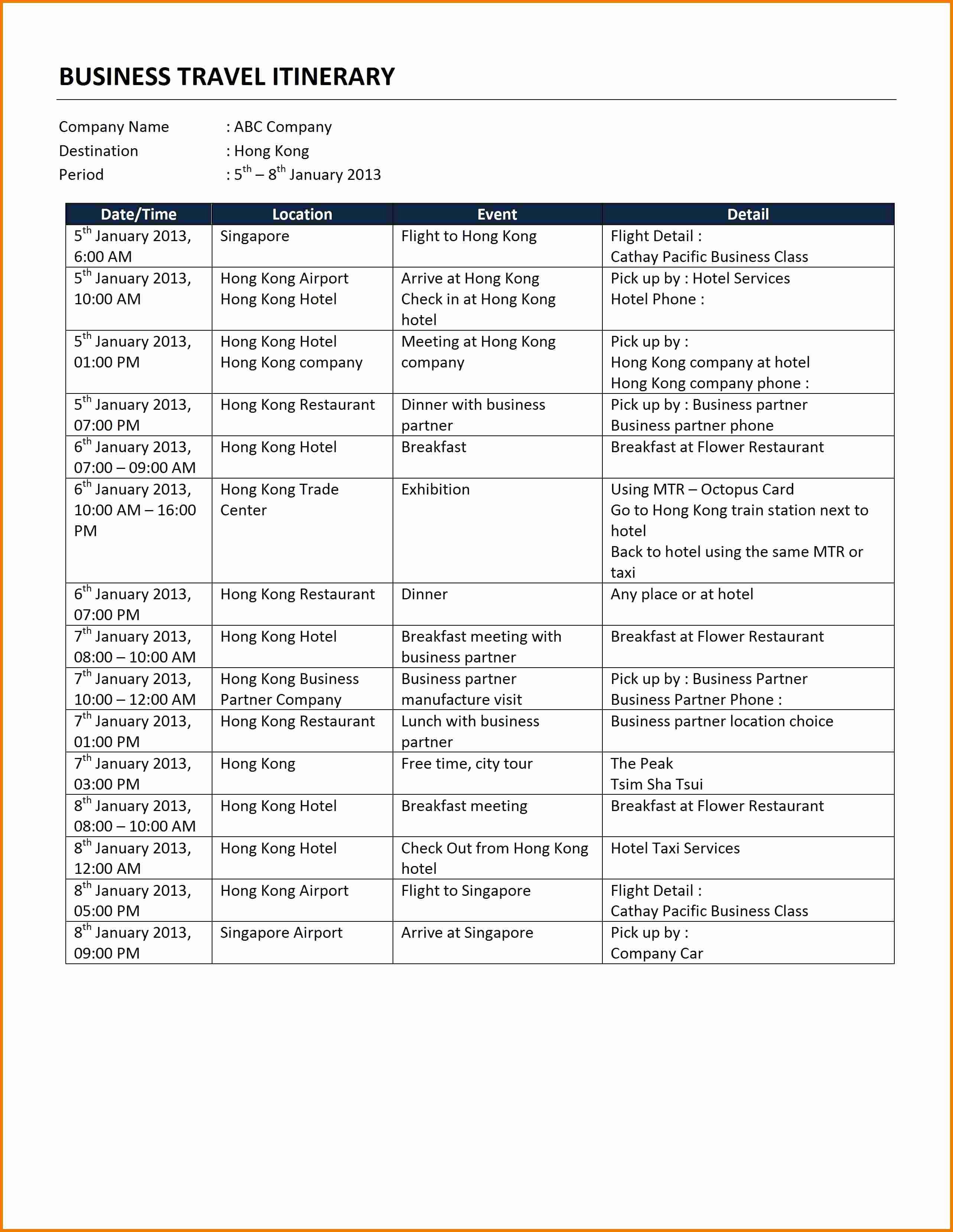 Doc Business Itinerary Template with Meetings Meeting