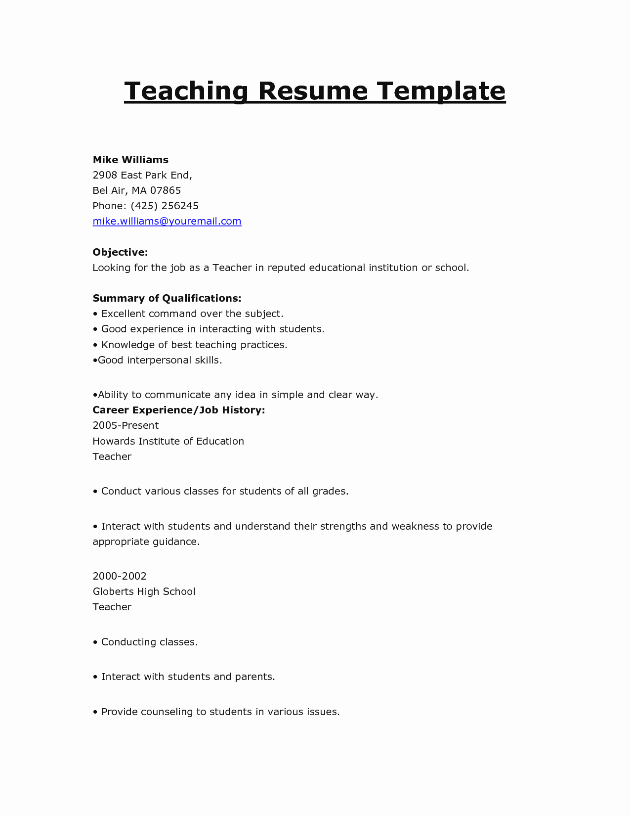 Doc Resume Template Teacher Templates Word Free Primary