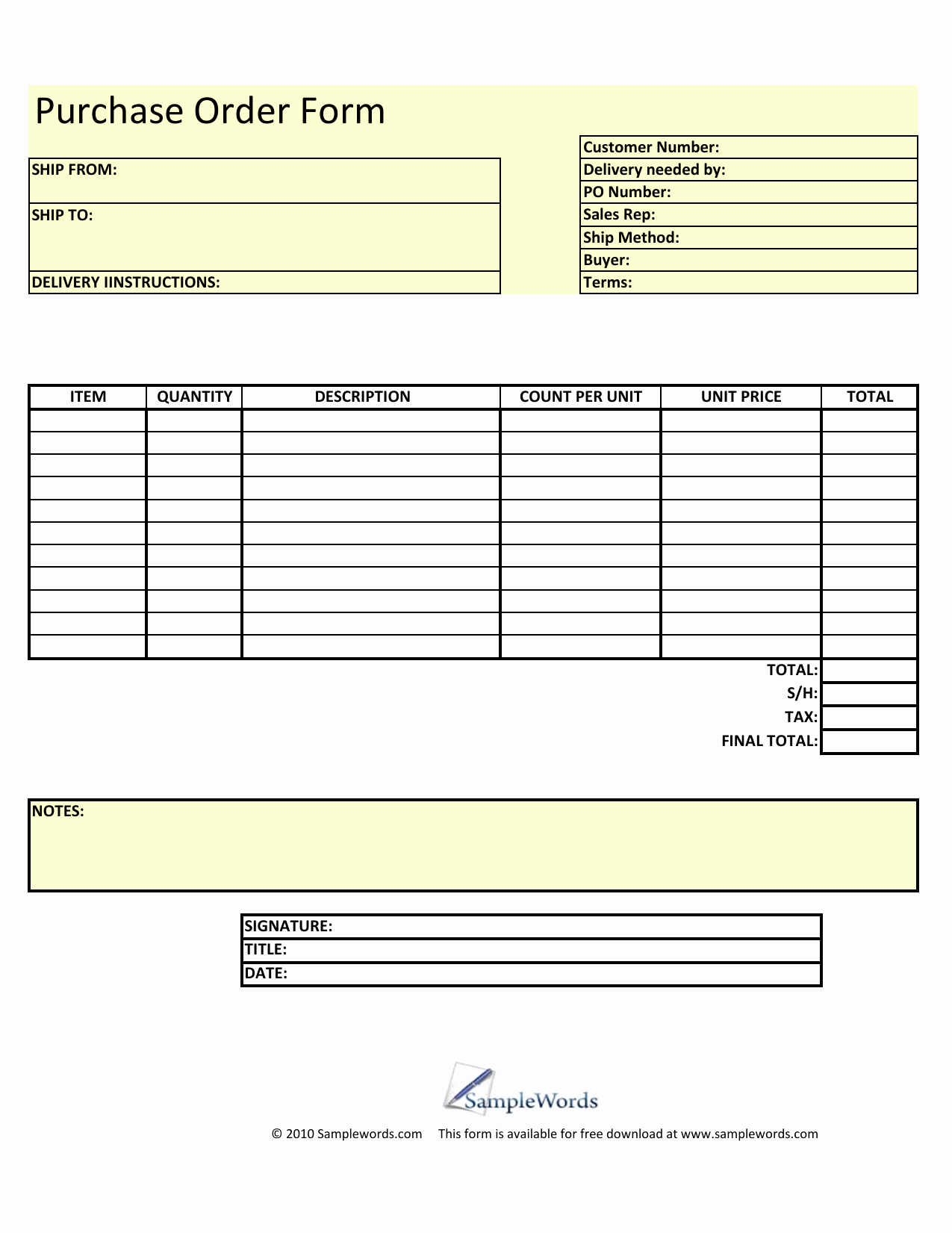 Download Blank Purchase order form Template Excel