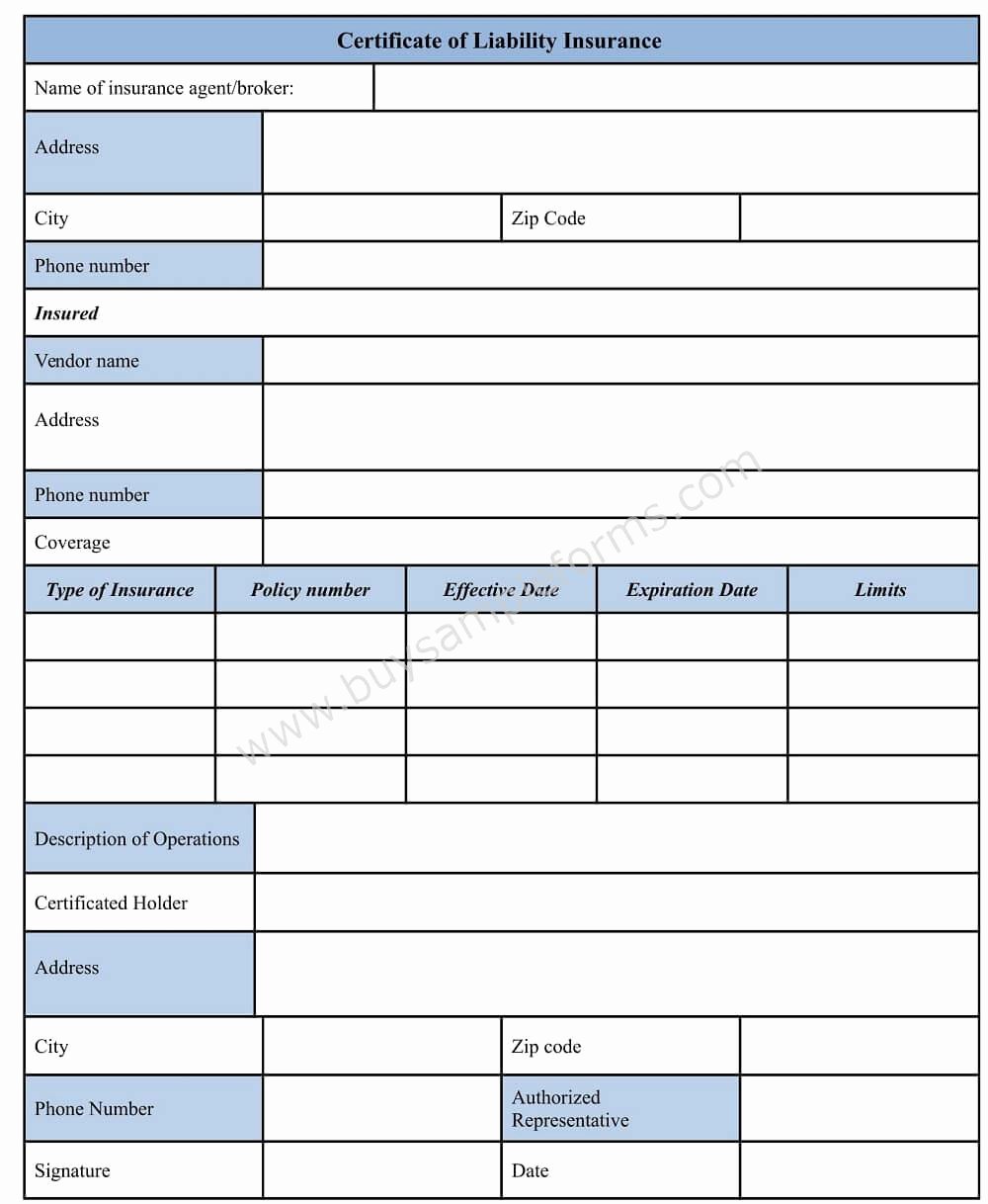 Download Certificate Of Liability Insurance form Template