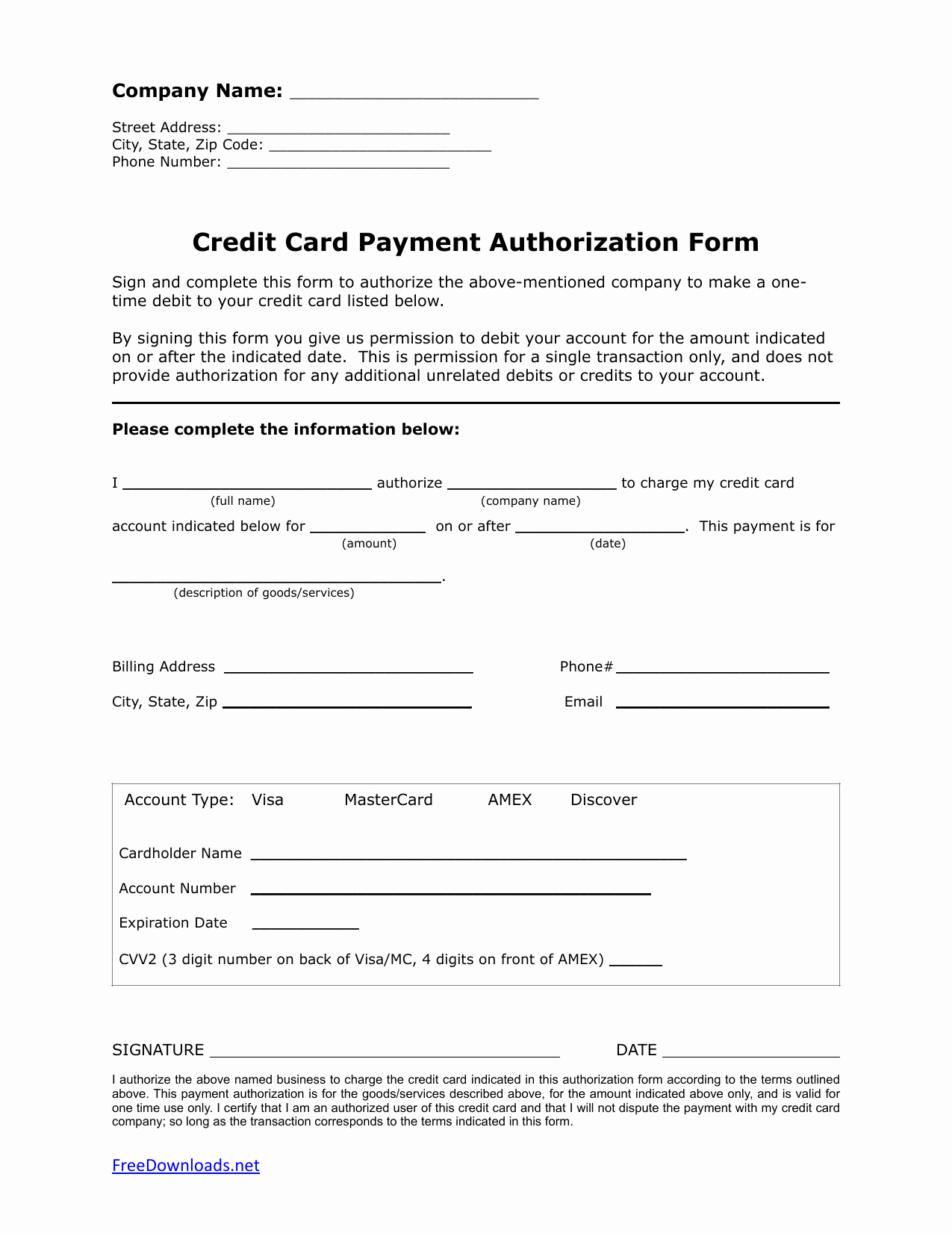 one 1 time credit card authorization payment form