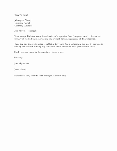 Download Standard Two 2 Weeks Notice Letter Template and