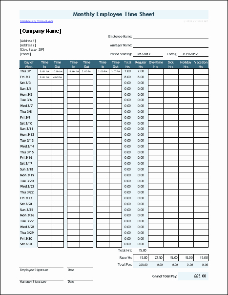 Download the Monthly Timesheet with 2 Breaks From Vertex42