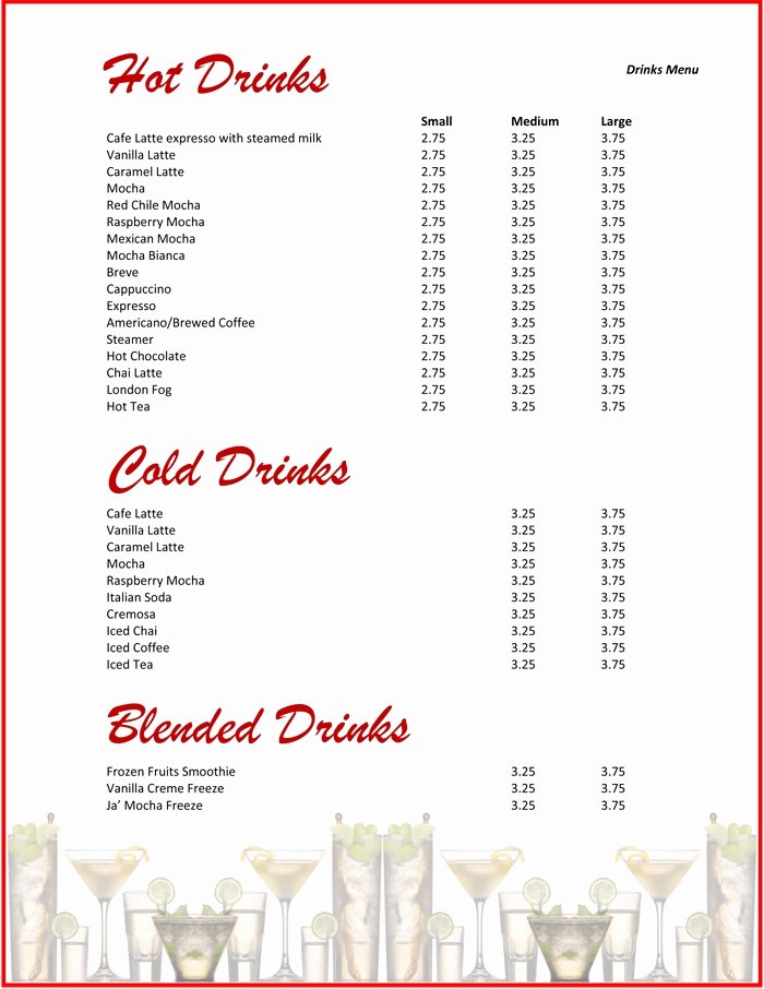 Drink Menu Templates Microsoft Word