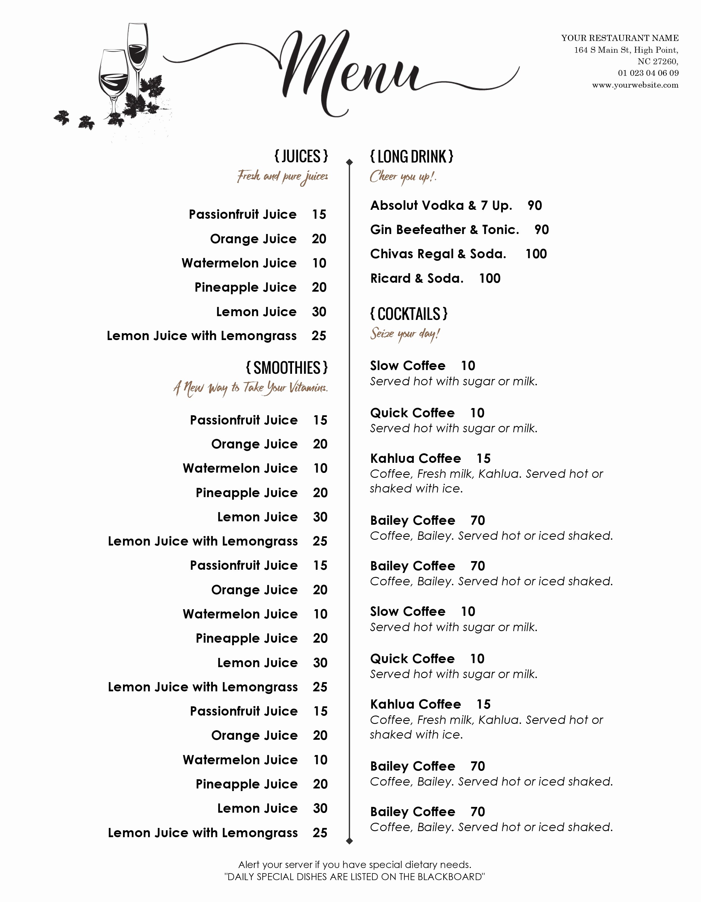 drink menu templates microsoft word