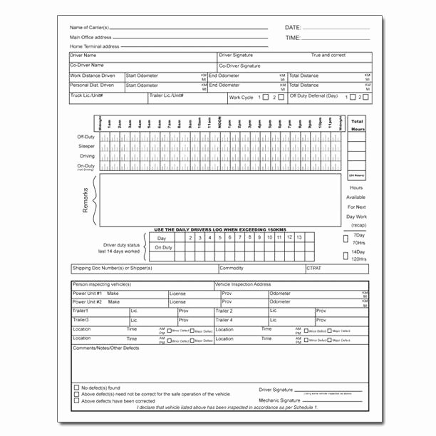 Driver Daily Log Sheet with Inspection Report Carbonless