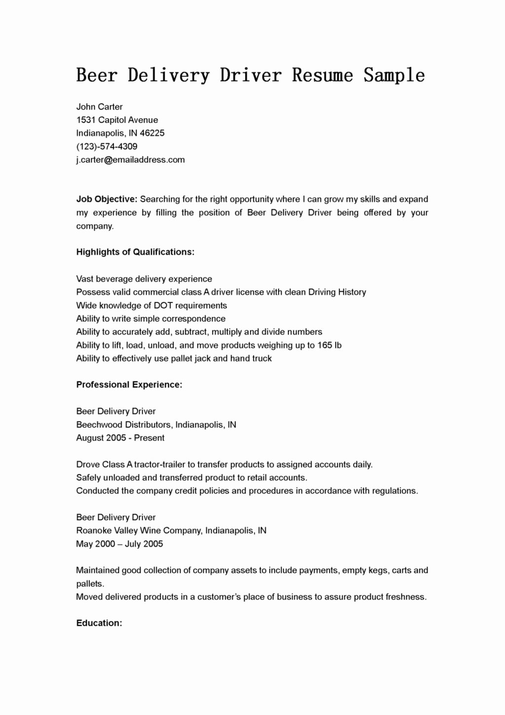 Driver Resume Sample Objective