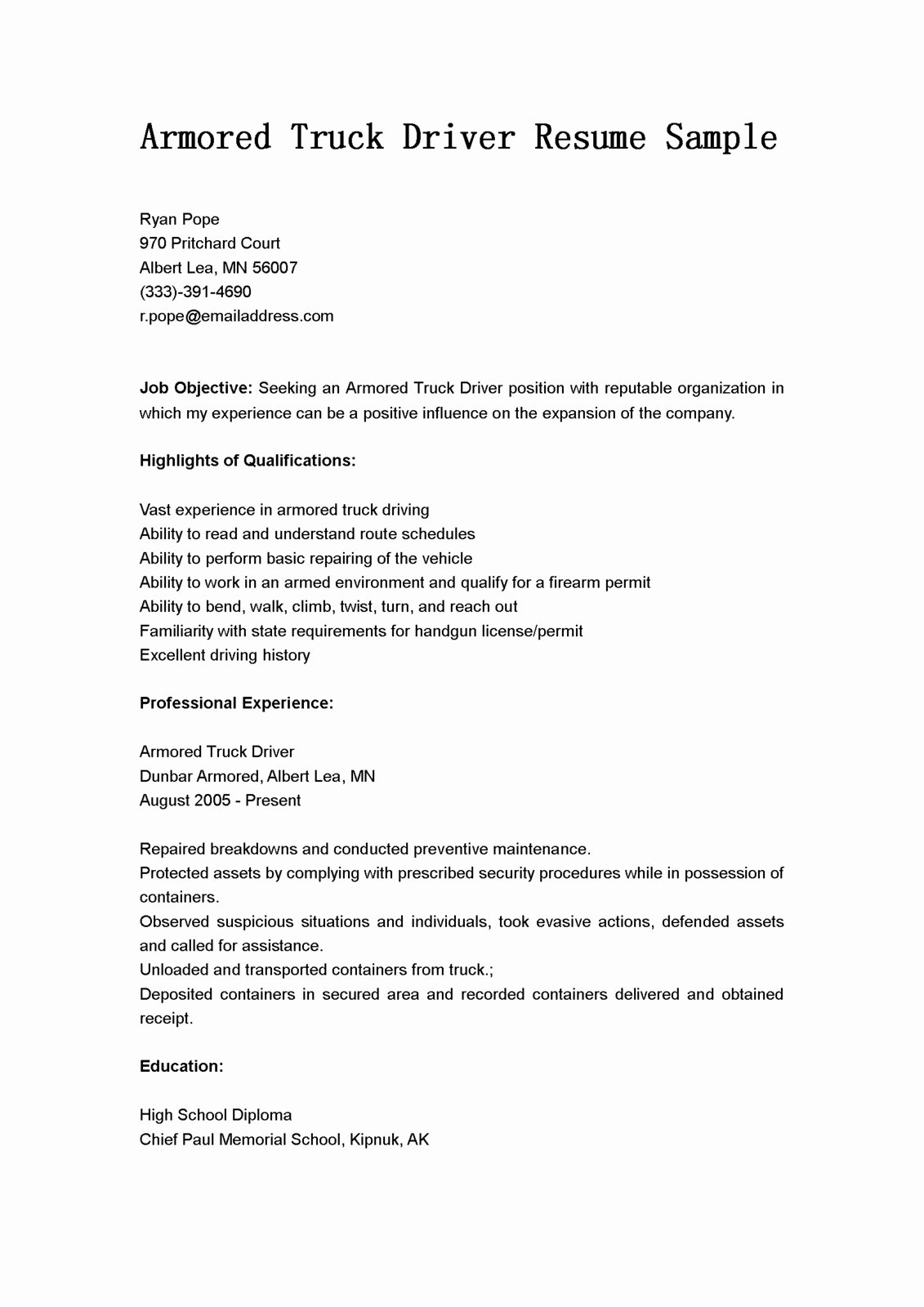 Driver Resumes Armored Truck Driver Resume Sample