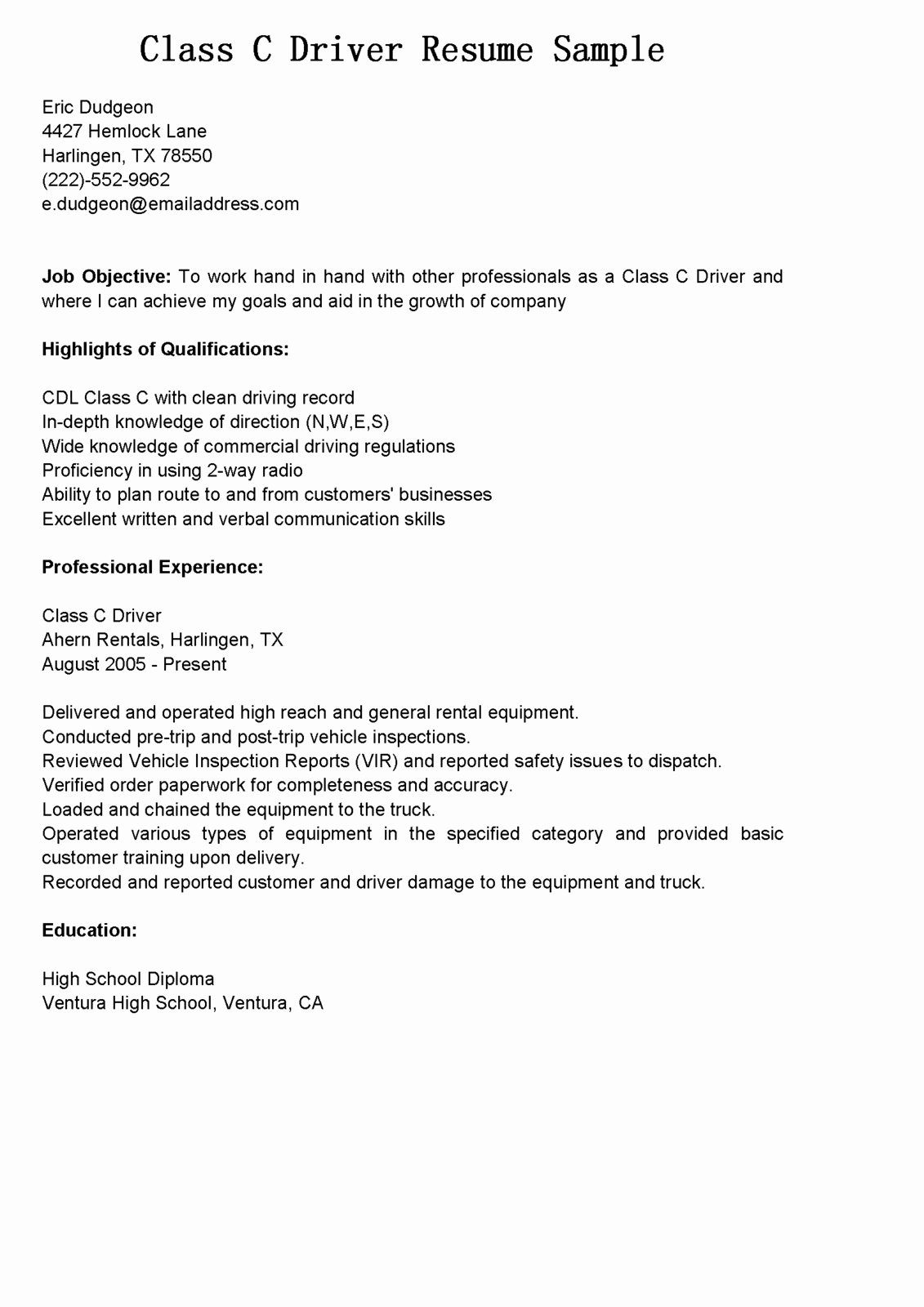 Driver Resumes Class C Driver Resume Sample