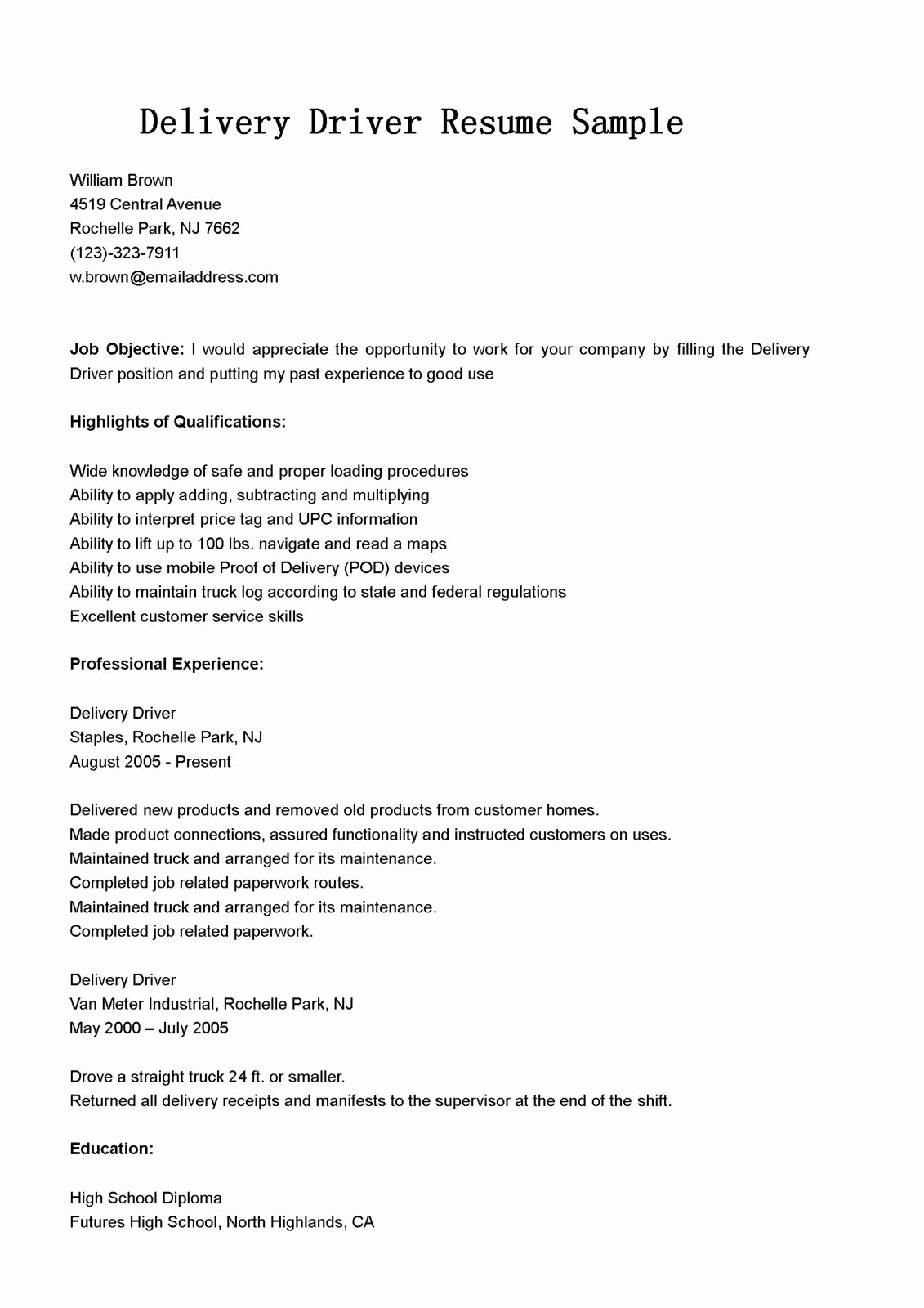 Driver Resumes Delivery Driver Resume Sample