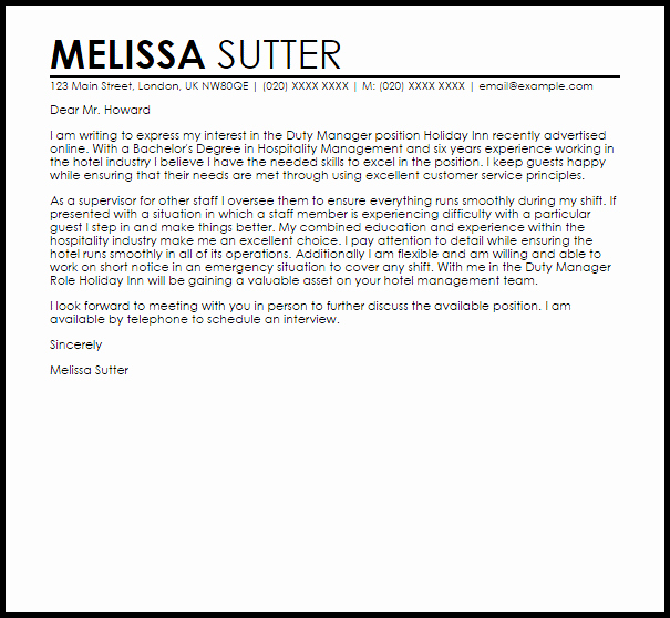Duty Manager Cover Letter Sample